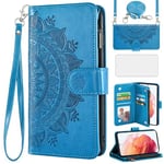 Asuwish Phone Case for Samsung Galaxy S21 5G 6.2 inch Wallet Flip Cover with Tempered Glass Screen Protector and Mandala Flower Leather Credit Card Holder Stand Cell S 21 21S G5 Women Girls Blue