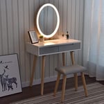 YU YUSING Coiffeuse avec Miroir LED et Tabouret, Table de Maquillage avec 2 Tiroirs, Réglables 3 températures de Couleur, Bureau Coiffeuse Fille Femme, Rangement Coiffeuse Gris, Ovale