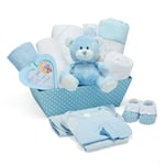 Baby Gift Set in Blue - with Fleece, Hooded Towel, Baby Clothes, 2 Muslin Cloths