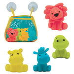 Ludi - 4 Aspergeurs de Bain + 1 Filet de Rangement - 4 Animaux Arroseurs pour Jouer dans Le Bain ou à la Plage - Jouets de Bain pour Bébé en Plastique Souple - À Partir de 10 Mois