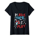 Womens In Jesus Name I Play Christian Church Music Drums Player V-Neck T-Shirt