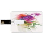 64G USB Flash Drives Credit Card Shape Watercolor Flower Memory Stick Bank Card Style Blooming Orchid Spring Bouquet Romance Natural Beauty Fragrance,Purple Waterproof Pen Thumb Lovely Jump Drive U Di