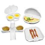 Mantraraj 4 Pcs Microwave Cookware Cooker Set Cooker Rack Omelette Pan Potato Baker Double Egg Poacher Maker Bacon Tray