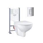 Pack WC sans bride Bau Ceramic Slim avec abattant + Bati support Solido + Plaque de commande carré chromé