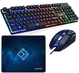 Combrite Raptor Gaming Keyboard And Mouse Set With Large Mouse Pad, Rainbow LED, USB Wired Desktop Combo, UK Layout, For PC, Laptop, PS4, Xbox One, Black