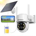 Caméra de Surveillance Extérieure sans Fil Solaire, 2K 4MP Camera Solaire avec Panneau Solaire, 4G LTE Caméra IP, Vision Nocturne Couleur, Détection Humaine PIR, Audio Bidirectionnel, IP66