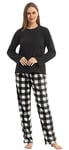 YUSHOW Pyjama Femme en Polaire Ensemble Pijamas Manches Longues Pantalon à Carreaux 2 Pièce Vêtements de Nuit Sleepwear Pjs Set pour Hiver,Gris/Noir À Carreaux,L