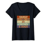 Womens Easily Distracted By Crows & Dogs Retro Funny Crow Lover V-Neck T-Shirt