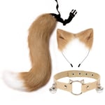 3pcs Cosplay Cat Cute Ears Headband Furry Fox Tail Bell Neck Choker Set Toys -a Khaki