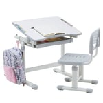 Ensemble bureau et chaise pour enfant TUTTO table et chaise réglable en hauteur, pupitre inclinable, métal blanc et plastique gris