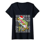 Womens Ugly Xmas Lighting Santa Hat Rainbow Trout Fish Christmas V-Neck T-Shirt