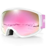 Findway Masque de Ski, Lunette de Ski pour Homme Femme Adulte, Masqué Ski OTG pour Ski et Snowboard Anti-buée, Anti-UV Rose Photochromique Lentille Sphérique