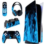 playvital Kit de Autocollants Skin Decal pour ps5 Sticker Vinyle pour ps5 Console&Manette&Station de Charge&Casque&Télécommande Média-Édition Régulière-Flamme Bleue