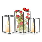 Hurricane Lot de 3 grands bougeoirs rectangulaires en verre transparent pour bougies piliers - Lanternes noires décoratives pour centre de table - Bougeoir en verre transparent pour mariage, vacances,