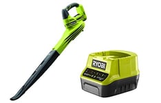 Ryobi OBL1820S ONE+ Cordless Blower, Air Speed (Zero Tool), 245 km/h, 18 V, Hyper Green and Grey & Ryobi RC18120 18V ONE+ Compact Charger