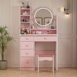 Coiffeuse avec miroir et LED, coiffeuse avec 5 tiroirs, étagères, commode et tabouret rembourré hauteur 132 x Longueur 80 x largeur 40 cm (Rose)