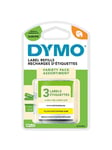 DYMO Dymo LT -teipit, 12 mm x 4 m (3 rullaa), musta keltaiselle, hopealle ja valkoiselle. Paperi-, muovi- ja metallinhohtoinen teippi