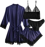 Laura Lily - Ensemble de Pyjama en Soie Satin pour Femme avec Dentelle 4 pièces, Peignoir, Haut Bralette, Slip et Short. Luxe, Sexy et élégant. Violet S