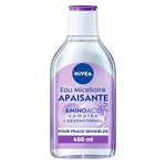 NIVEA Eau Micellaire APAISANTE Peaux Sensibles (1 x 400 ml), démaquillant enrichi aux micelles et acides animés sans parfum, nettoyant visage pour yeux & lèvres