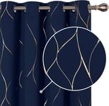 Deconovo Thermal Insulated Blackout Curtains Gold Wave Foil Navy Blue 46x72"