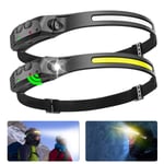 2 st LED-strålkastare USB uppladdningsbar vattentät COB XPE huvudlampa med smart sensorläge för fiske, camping, cykling, löpning