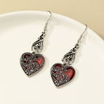 Womens Long Antique Silver Metal Bat Red Heart Halloween Decor Drop Earrings