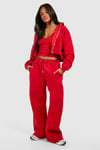 Womens Ribbed V Neck Top 3 Piece Hooded Tracksuit - Red - L, Red