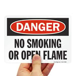 SmartSign Adhesive Vinyl OSHA Safety Sign, Legend"Danger: No Smoking or Open Flame", 5" high x 7" wide, Black/Red on White