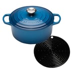 Le Creuset Signature Cast Iron Round Casserole with Cool Tool, 24 cm - Marseille Blue