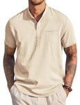 COOFANDY Homme Lin Chemise D'éTé à Manches Courtes Chemises Henley sans Col Chemisette CintréE DéContractéEs Shirt Travail Beige 3XL