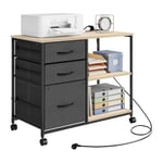 WOLTU Caisson Bureau, Armoire de Bureau à Roulettes, avec Station de Charge, Meuble Imprimante, 3 Tiroirs, 2 Étagères, 2 Prises, 2 Ports USB, Dossiers Suspendus,Chêne Clair, ASK07hei