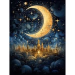 Artery8 Golden City in the Clouds Surreal Artwork Blue Gold Crescent Moon Starry Night Fairytale Large Wall Art Poster Print Thick Paper 18X24 Inch