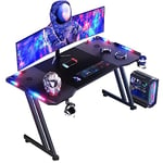 HLONONE Bureau Gaming LED 140 x 60 cm, Bureau Gamer avec Plateau en Fibre de Carbone, Grande Table Gaming, Bureau Ordinateur avec Tapis de Souris, Porte-gobelet et Crochet pour Casque, Noir