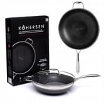 Kohersen Wok avec couvercle - Passe au four et au lave-vaisselle - Avec revêtement anti-adhésif noir - Pour induction, gaz, cuisinière électrique, en acier inoxydable et aluminium - 5,1 l - Diamètre :