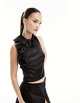 French Connection Womens satin top with ruffle detail in black - Size 10 UK