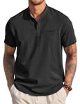 COOFANDY Homme Chemise Lin à Manches Courtes Chemises Henley Chemisette D'éTé DéContractéEs Shirt Travail Tshirts avec Poche Poitrine Gauche Regular Fit Noir 3XL