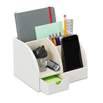 Relaxdays Organiseur de Bureau en Cuir Artificiel, Rangement de Table avec tiroir, 4 Compartiments, 13x19x15 cm, Blanc