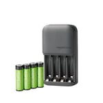 Amazon Basics Rechargeable AA NiMh Batteries with 4 Bay Battery Charger, UK Plug, Black, 4 Count (Pack of 1)