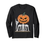 Skeleton Pumpkin Head Halloween Spooky Bones Jack O Lantern Long Sleeve T-Shirt