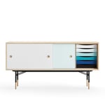 House of Finn Juhl - Sideboard With Tray Unit, Oak, White/Light Blue, Black Steel, Cold - Sideboards - Finn Juhl - Flerfarget - Metall/Tre