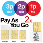 2x Three Pay As You Go PAYG SIM Card Micro Nano Adapter for iPhone iPad Samsung