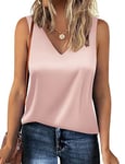 Zeagoo Top Satin Femme d'Été à Col en V sans Manches Blouse Décontractée en Soie Haut Tunique Rose Taille XL