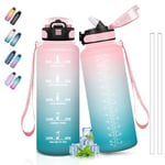 Gourde 1.5L, Gourde Sport avec Paille, Gourde Motivation anti Fuite, avec Marqueur de Temps, Gourdes de Camping et Randonnée, Facile à Nettoyer, Gourde Adulte pour Yoga, Running, Camping, Rose-Cyan