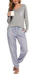 Lovasy Ensemble Pyjama Femme Coton Long Hiver Grande Taille Haut et Pantalon Pyjama Ensemble 2 Pièces,Gris, L