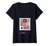 Womens London Stamp with Iconic Landmarks - London Souvenir V-Neck T-Shirt