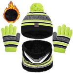 JFAN 3 en 1 Chaud Tricot Bonnet Enfant Hiver Chapeau Echarpe Gants Ensemble Lot de 10 Motifs Rayures Mignonne Multicolore Ski Cap Taille Unique Vert rayé