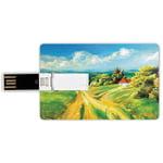 4G USB Flash Drives Credit Card Shape Rustic Memory Stick Bank Card Style Barren Path to Small Village Plenty of Plants and Trees Oil Painting Image,Green Yellow Blue Waterproof Pen Thumb Lovely Jump