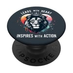 Leads With Heart Inspire With Action Positive Boss Lion Pun PopSockets PopGrip Adhésif