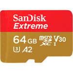 SanDisk Extreme microSDXC V30 A2 64GB 160MB/s minneskort + SD-adapter