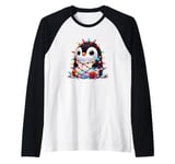 Christmas Penguin with Light Strings Clumsy Cute Entangled Raglan Baseball Tee